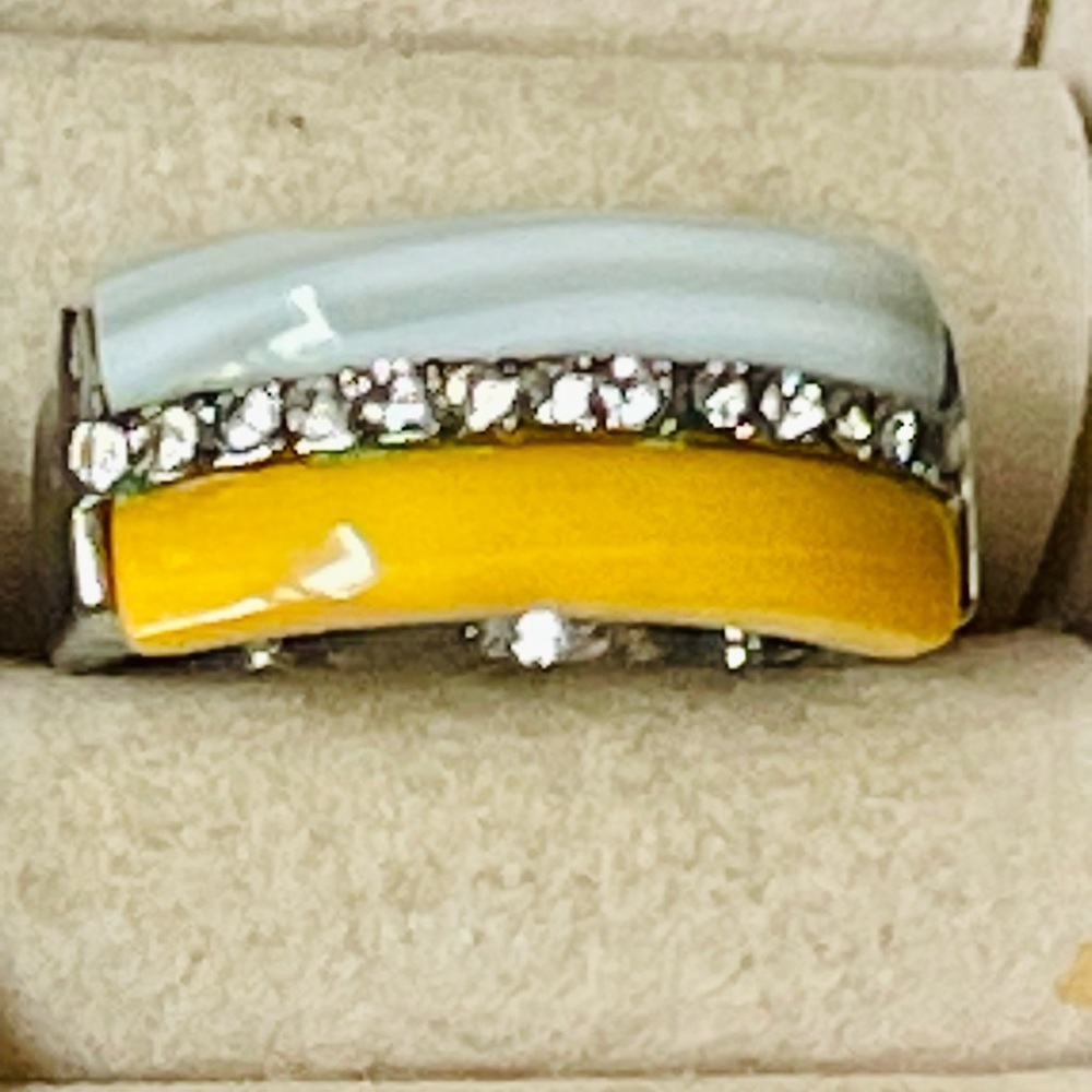 VTG Silver tone White and yellow agate cubic zirconia Ring Sz 9.5-10